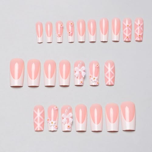 Pink Floral Press on Nails Long Square Reusable False Nails with Bows 24PCS