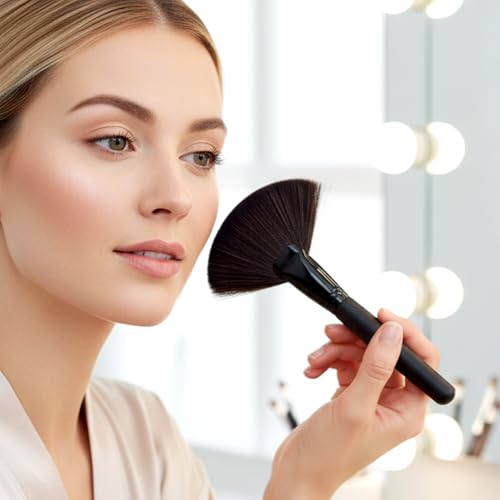 Jxiwfvl 2Pcs Fluffy Fan Makeup Brushes with Long Handles - Soft Bristle Facial Brushes for Highlighting and Powder
