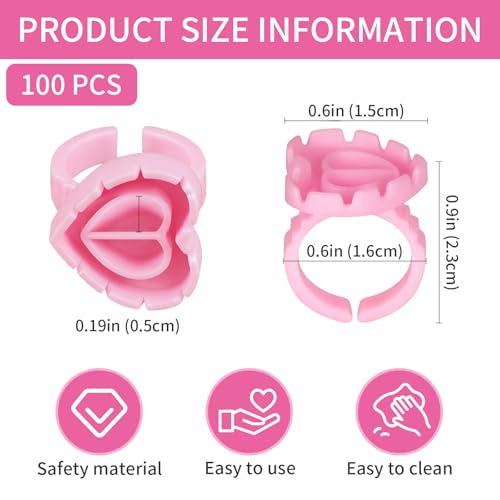 MixPeak 100 Pcs Heart Lash Glue Rings Disposable Eyelash Extension Holders Pink