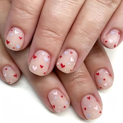 Short Square Heart Press on Nails Nude Fake Nails Kit 24Pcs