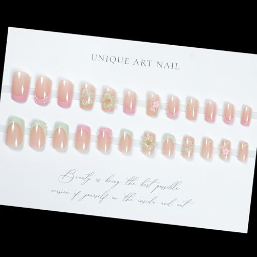 Pink French Tip Press on Nails Short Square False Nails with 3D Flower Design