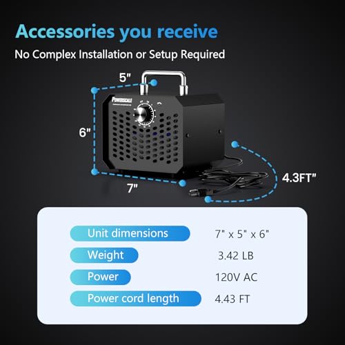 Powerscale Ozone Generator 60,000 mg/h, Compact, 10s Safety Evacuation, Precision Electronic Control, O3 Odor Eliminator for Home, Car, Pet Smell, and Basement up to 2600 Sq.Ft - OZA1, Black