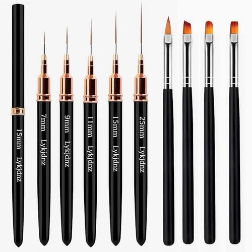 9-Piece Nail Art Brush Set with 5 Thin Liners and Gel Brushes