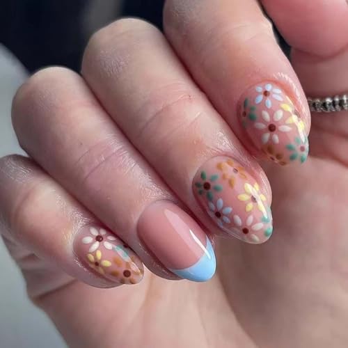 Short Almond French Tip Press On Nails with Daisy Flower Design