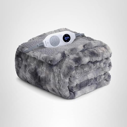 Westinghouse Electric Heated Throw Blanket, Faux Fur with 6 Heating Levels & Auto Off, Soft Cozy Sherpa Washable Blanket (50" x 60", Grey)