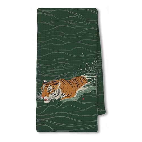 JLLBF Tiger Kitchen Hand Towels - Vintage Japanese Tiger Design, 16x24 Inch, Tiger Lovers Gift, Dark Green, Tiger Variation