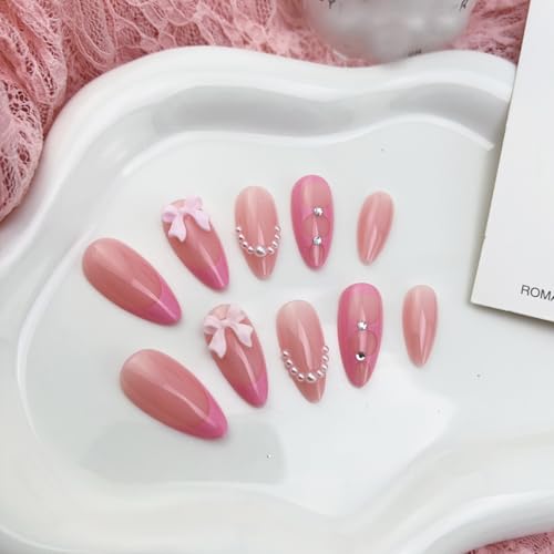 ZOAZJINAZ 3D Bow Medium Almond Press On Nails Pink French Tips Rhinestone False Nails