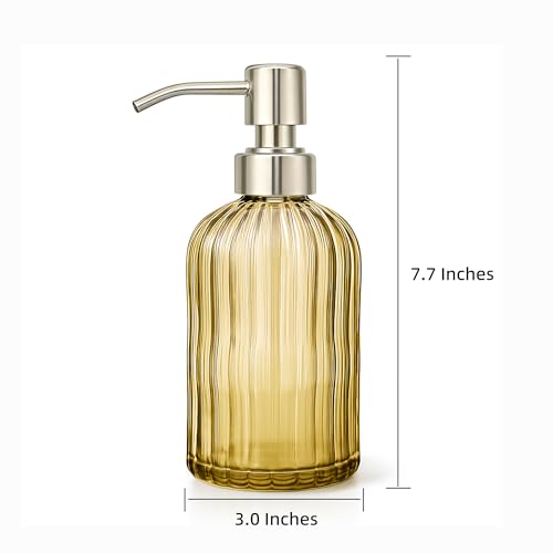 18 Oz Ribbed Glass Soap Dispenser with Rust-Proof Stainless Steel Pump - Refillable Bathroom & Kitchen Bottle, Gold