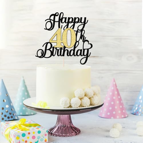 Auteby Black Gold Glitter 40th Birthday Cake Topper