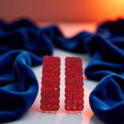 Red Rhinestone Snap Hair Clips for Women - 2 Pack Rectangular Hair Barrettes