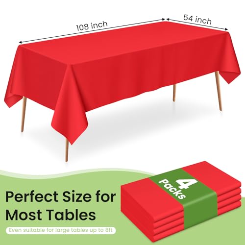 Disposable Red Plastic Tablecloth 54 x 108 Inches - 4 Pack for Parties