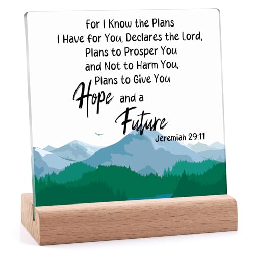 Inspirational Christian Acrylic Plaque with Wooden Stand - 4x4 Inch Desk Decor Gift