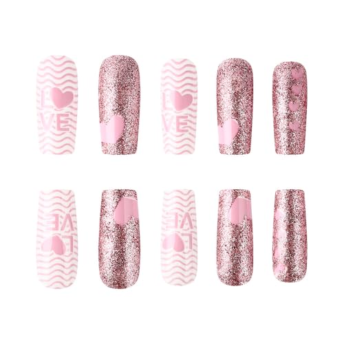 Pink Heart Press on Nails Medium Square Fake Nails with Glitter