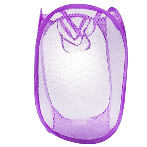 Collapsible Laundry Hamper with Side Pocket - Purple Mesh Basket