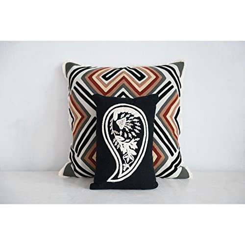 Woven Cotton Lumbar Pillow with Embroidered Paisley Design - 14x9 Inches