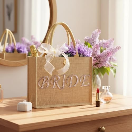 Large Jute Bride Tote Bag with Gold Trim & Ribbon - Wedding Gift