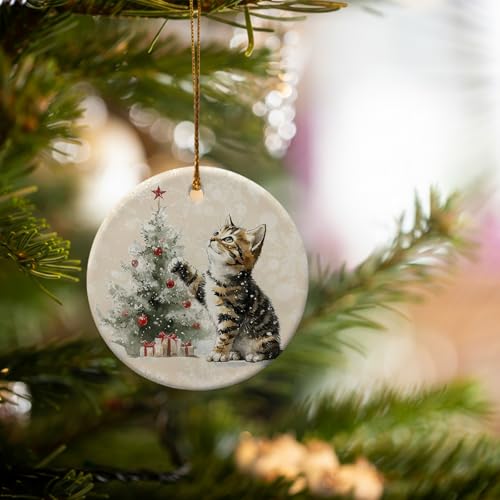 Christmas Cat Tree Ornament - Ceramic Round Hanging Keepsake - Cat Variation