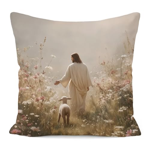 White Jesus and Lamb Pillow Cover 18x18 Christian Religious Home Decor