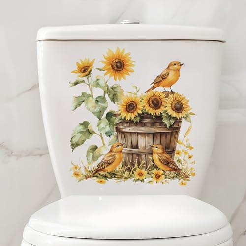 Sunflower and Bird Toilet Lid Sticker Decal - Waterproof Bathroom Decor