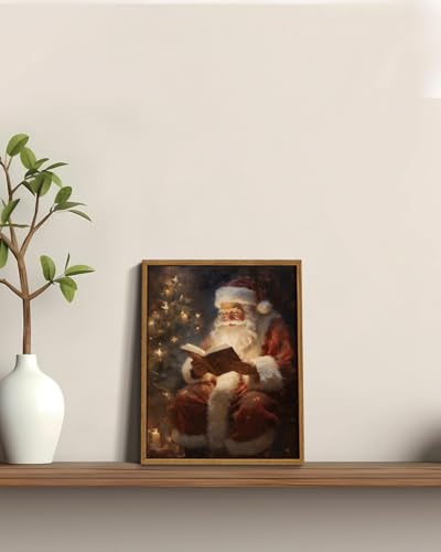 Vintage Christmas Wall Art Santa Reading by Christmas Tree Framed 10x8