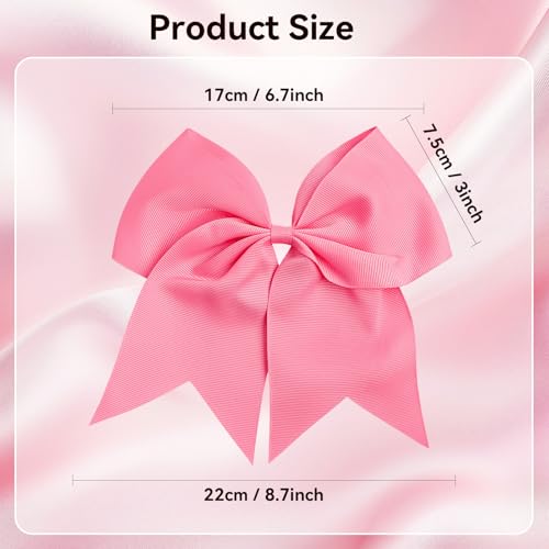 AXEN 8-Inch Large Cheer Hair Bows with Ponytail Holder, Pink, 4 Pack