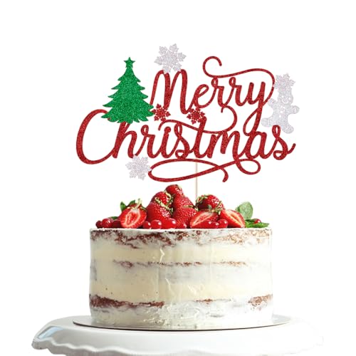 Merry Christmas Cake Topper Red Glitter Holiday Party Decoration