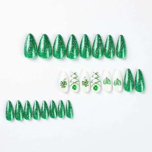 St. Patrick's Day Press On Nails Medium Almond Green Clover Rhinestone 24Pcs