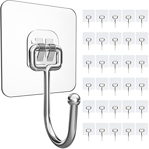30 Pack Large Adhesive Wall Hooks - Heavy Duty 44lb Clear Waterproof Hangers