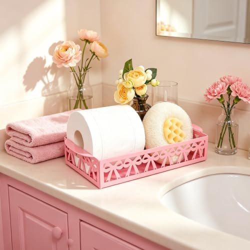 Pink Bow Toilet Paper Holder - Cute Metal Bathroom Storage Basket