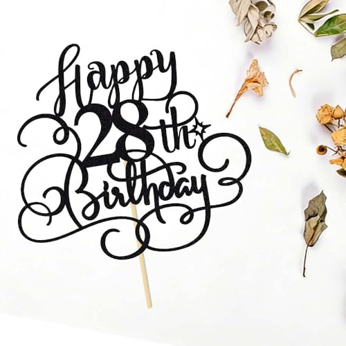 Black Glitter 28th Birthday Cake Topper - Cheers to 28 Years