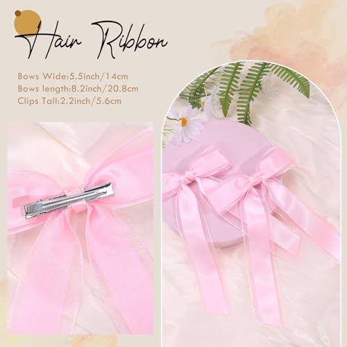 VOBOBE 2PCS Pink Hair Bows with Long Tails Satin Silk Ribbon Hair Clips for Women and Girls