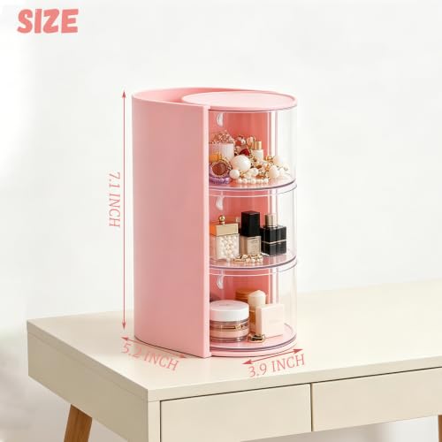 ZUFECY Pink 3-Tier Rotating Makeup Organizer with Clear Drawers & Open Top Compartments