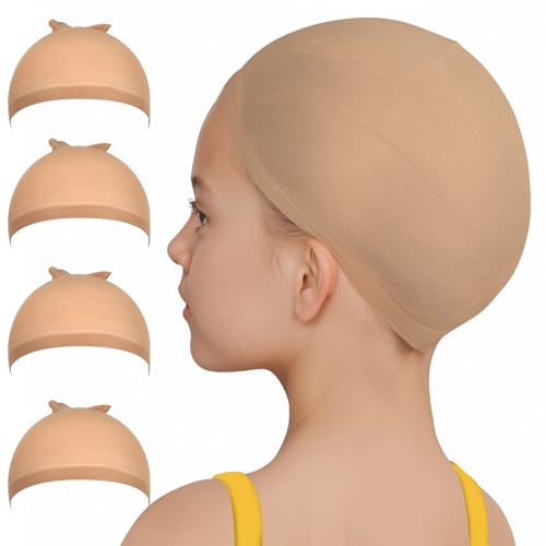 Fandamei Kids Wig Caps, 4PCS Stretchy Nylon Stocking Caps Light Brown