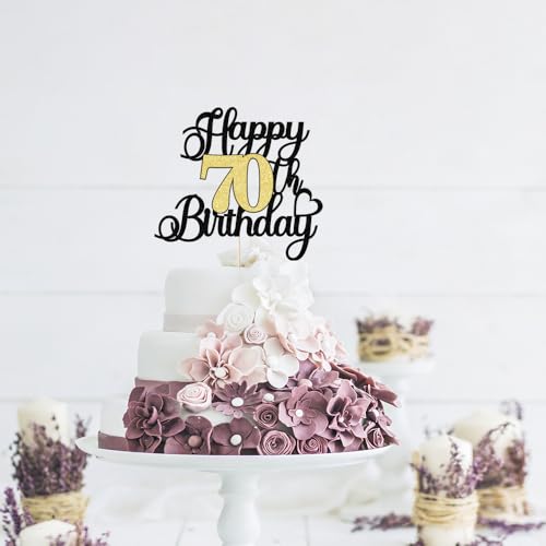 Happy 70th Birthday Cake Topper - Black Gold Glitter Decoration