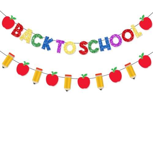 Pre-Strung Welcome Back to School Banner with Glitter Pencil Apple