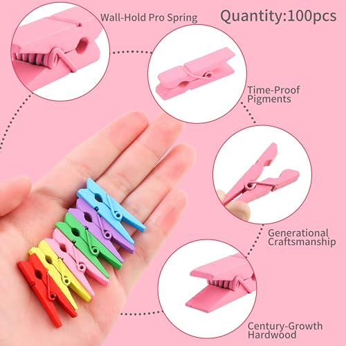 Colorful Mini Wooden Clothespins for Photos - 100pcs with Jute Twine