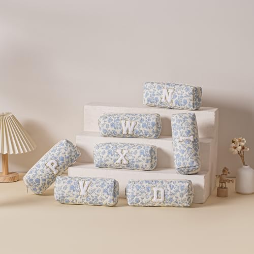 JOVAKIT Blue Floral Alphabet Makeup Bag - Travel Toiletry Pouch Organizer