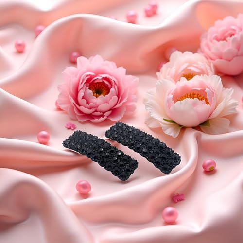 Black Rhinestone Snap Hair Clips 2Pcs Korean Rectangular Hair Barrettes