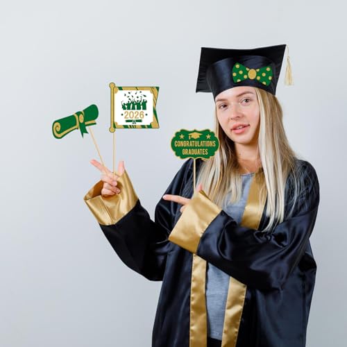 Avezano Class of 2026 Graduation Photo Booth Props - 21 Pcs Green and Gold Party Supplies