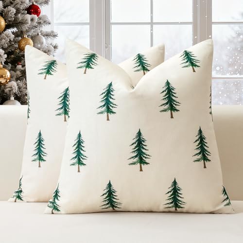 Christmas Pillow Covers 18x18 Inch Set of 2 Green Double Sided Tree Decor