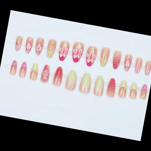 BABALAL Medium Almond Press on Nails French Tip Yellow Pink 3D