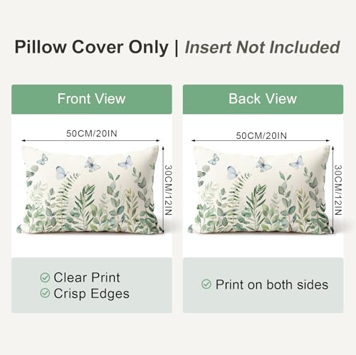 Eucalyptus Floral Butterfly Pillowcase 12x20 Inch | Double-Sided Linen Cushion Cover