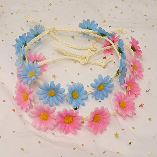 Honbay 2PCS Floral Daisy Flower Crown Hair Wreath Headband Pink and Blue