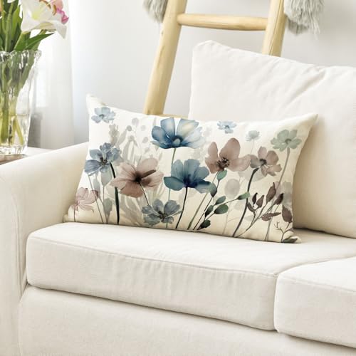 AVOIN colorlife Poppy Flower Throw Pillow Cover, 12x20 Inch Blue Brown Case