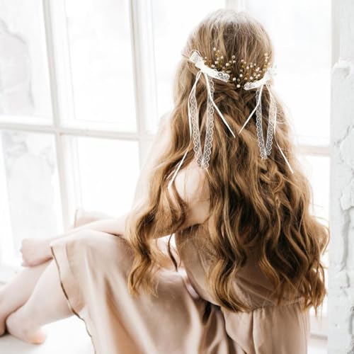 White Lace Hair Bow with Long Tail - Coquette Hair Clip Pair