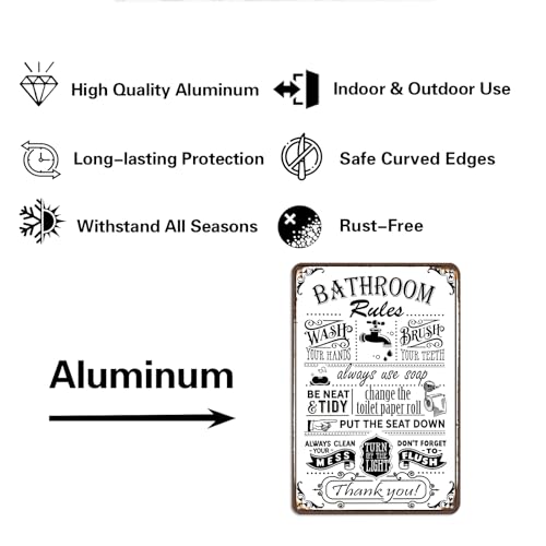 Hesanqian Black Vintage Bathroom Rules Metal Wall Sign 8x12 Inch