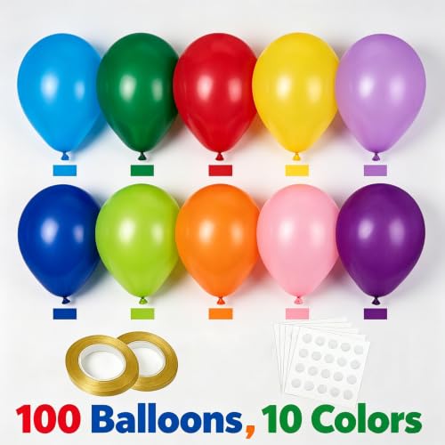 12 Inch Assorted Rainbow Balloons - 100 Pack Thickened Latex for Parties