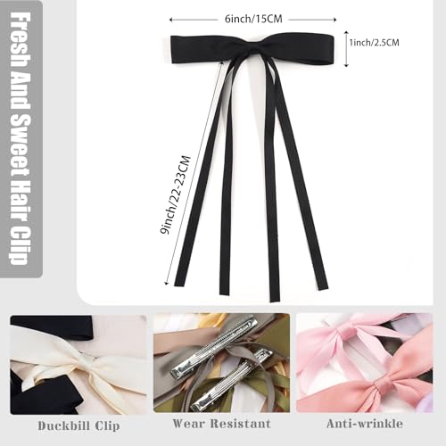 Pink Satin Hair Bows for Women - Large Long Tail Bow Barrettes (4 Pack)