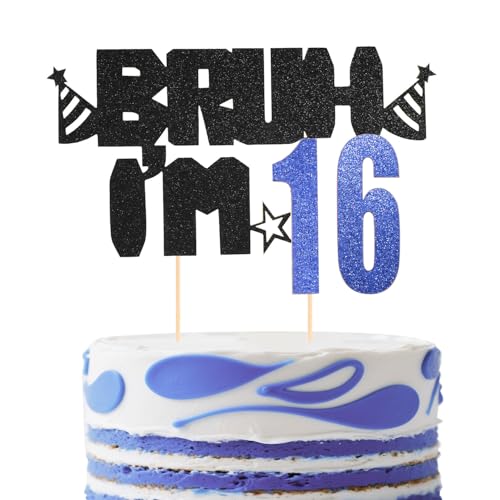 Bruh I'm 16 Birthday Cake Topper, Glitter Black and Blue 16th Decor