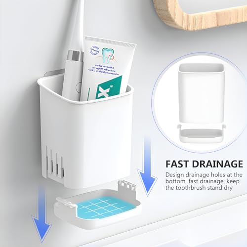 Wall-Mounted Toothbrush Holder Cup - White, Drill-Free, Removable